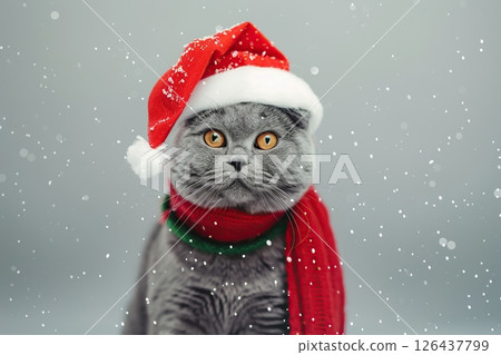 Happy cat in red Christmas hat and knitted scarf isolated on white background. Christmas Cat. Pet Xmas costume. Beautiful beige british Kitten in Santa Claus hat waiting for holidays. Happy New Year 126437799