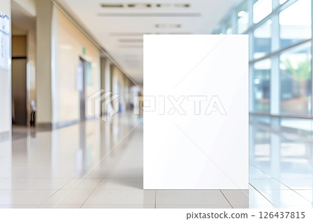Mock-Up promotion poster displayed on the front of bright blur medical clinic, hospital interior background with defocused effect. Blank A4 white paper on abstract defocused luxury office corridor. Ad 126437815