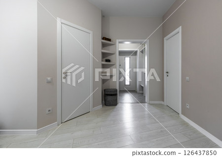 Modern Bright Hallway with Built-in Shelves Modern Bright Hallway with Built-in Shelves 126437850