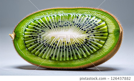 A green kiwi fruit with black seeds. The fruit is cut in half and the seeds are visible 126437882
