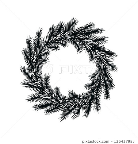 Black and white evergreen Christmas wreath design with detailed pine branches on a white background, symbolizing sustainable Christmas concept. 126437983