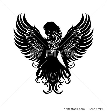 A black and white drawing of a woman with long hair and wings. A black and white drawing of a woman with long hair and wings. 126437993