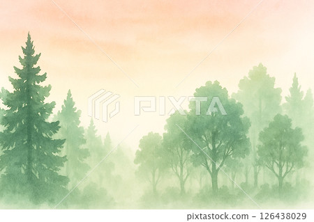 Watercolor landscape illustration of a forest shrouded in mist (sunrise/sunset) 126438029