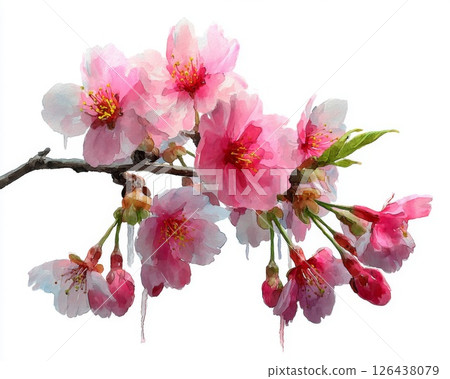 Pink Cherry Blossoms on Branch Against White 126438079