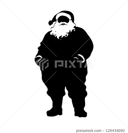 Silhouette of Santa Claus in winter attire with hands in pockets, bold graphic style, isolated on white background, symbolizing Christmas 126438092