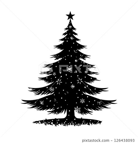 Silhouette of Christmas tree with snowflakes on white background. 126438093