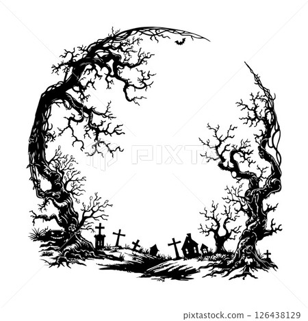 Spooky twisted trees and graveyard forming eerie circular frame on white. Spooky twisted trees and graveyard forming eerie circular frame on white. 126438129