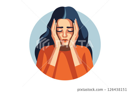 Woman holding her head with a concerned expression in a modern illustration style. Woman in depression. Concept of mental disorder, affliction, sorrow and anxiety. 126438151