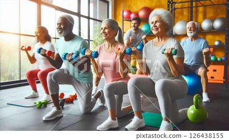 Men and women doing strength training at the gym 126438155