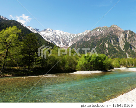 The Hotaka mountain range, shining with remaining snow and fresh greenery | Okuhotakadake seen from Kamikochi in early summer The Hotaka mountain range, shining with remaining snow and fresh greenery | Okuhotakadake seen from Kamikochi in early summer 126438169