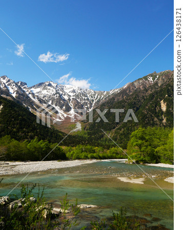 The Hotaka mountain range, shining with remaining snow and fresh greenery | Okuhotakadake seen from Kamikochi in early summer The Hotaka mountain range, shining with remaining snow and fresh greenery | Okuhotakadake seen from Kamikochi in early summer 126438171