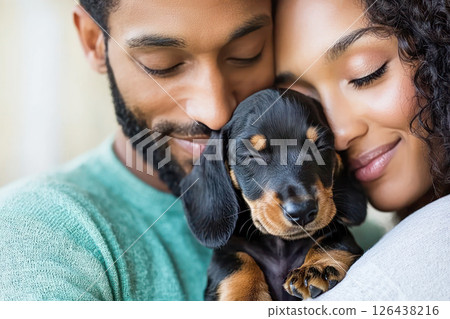 Loving couple cuddling their sleepy dachshund puppy in a tender and heartwarming moment. 126438216