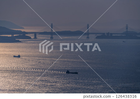 <Kagawa Prefecture> Evening view of the Great Seto Bridge and the ocean <Kagawa Prefecture> Evening view of the Great Seto Bridge and the ocean 126438316