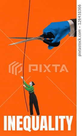 Conceptual collage. Woman climbs rope toward hope, but giant scissors in blue hand prepare to cut it, symbolizing brutal end to upward mobility. 126438366