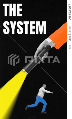 Contemporary art collage. Man runs as flashlight beam from hand in suit exposes him in darkness, symbolizing inescapable surveillance and power of system. Contemporary art collage. Man runs as flashlight beam from hand in suit exposes him in darkness, symbolizing inescapable surveillance and power of system. 126438367