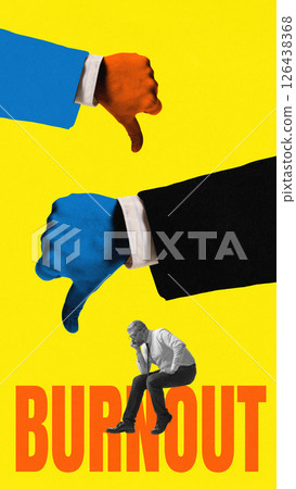 Conceptual collage. Man sits in exhaustion below two large hands giving thumbs down, symbolizing rejection, overwork and emotional crash in broken systems. 126438368