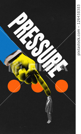 Contemporary art collage. Yellow hand points at woman standing still under black void, symbolizing pressure from authority, control and judgment in society. Contemporary art collage. Yellow hand points at woman standing still under black void, symbolizing pressure from authority, control and judgment in society. 126438383
