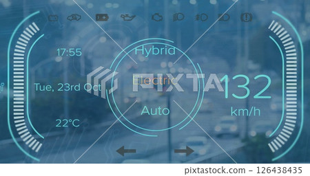 Image of electric car digital data processing over city Image of electric car digital data processing over city 126438435