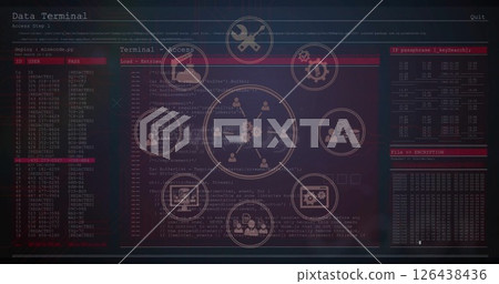Image of digital data processing over network of icons Image of digital data processing over network of icons 126438436