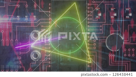 Image of neon scope, digital data processing over computer circuit board 126438441