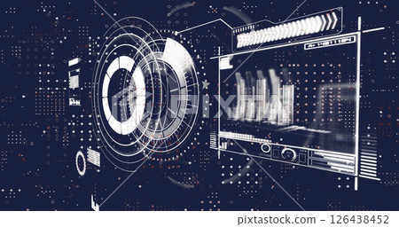 Image of scope scanning with icons over data processing on black background 126438452