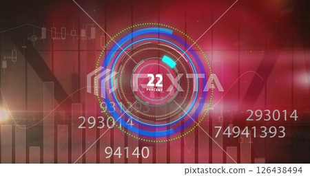 Image of scope scanning and data processing over shapes on red background 126438494