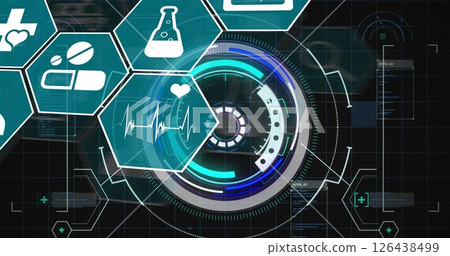 Image of medical icons over scope scanning and data processing on black background 126438499