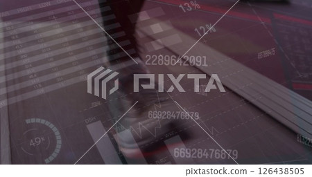Image of financial data processing over man walking on treadmill 126438505