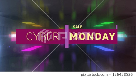 Image of cyber monday text and data processing over neon background 126438526