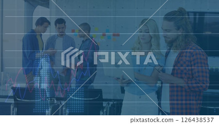 Image of financial data processing over diverse business people in office 126438537