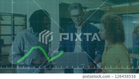 Image of financial data processing over diverse business people in office Image of financial data processing over diverse business people in office 126438538