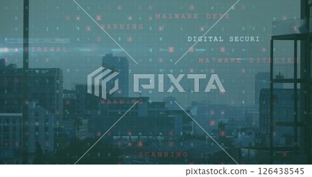 Image of cyber warning text and data processing over cityscape Image of cyber warning text and data processing over cityscape 126438545