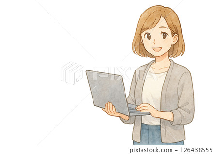 Watercolor illustration of a woman operating a laptop (with transparent background) 126438555