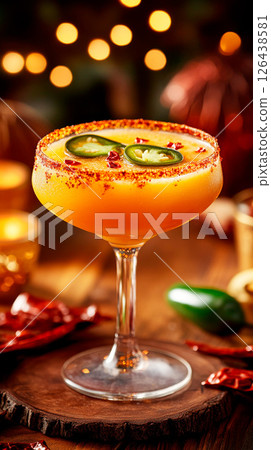 Spicy Jalapeno Margarita with visible chili slices, served in a festive Mexican setting. Spicy Jalapeno Margarita with visible chili slices, served in a festive Mexican setting. 126438581