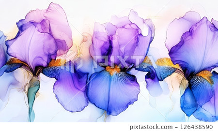 Beautiful alcohol ink art captures delicate iris flowers in shades of purple and gold, showcasing their elegant forms against a soft backdrop 126438590