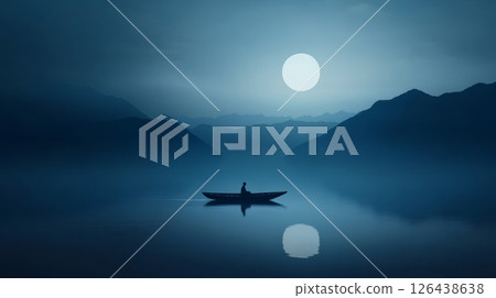 Amidst serene mountains, a man navigates his boat across a calm lake under the gentle light of the full moon at twilight 126438638