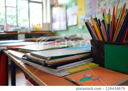 Colorful school books and stationery are stacked on a desk in a lively classroom with natural light streaming in from the windows 126438679