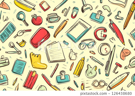 Colorful doodles of school supplies, including notebooks, pens, pencils, and more, create a playful back to school theme throughout the pattern 126438680