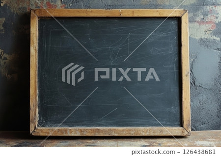 A black chalkboard with a wooden frame shows signs of wear, resting against a rustic wall in an abandoned classroom, evoking memories of past lessons 126438681
