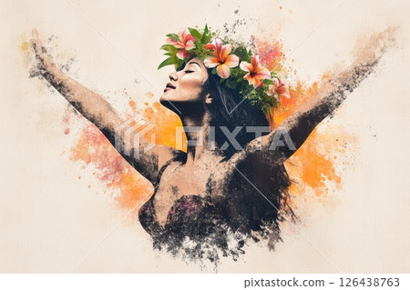 A talented Hawaiian dancer dons a flower crown, showcasing her skills and embracing traditional performance under a vivid sky 126438763