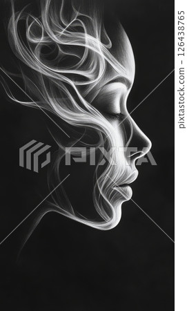 A beautiful female face emerges from swirling smoke, set against a deep black background, capturing elegance and serenity in its form 126438765