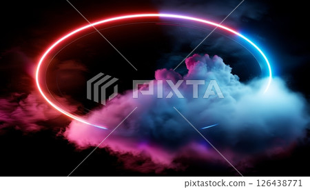 Floating in a cosmos of color, a surreal cloud radiates neon hues, transforming the darkness into a mesmerizing light display full of life 126438771
