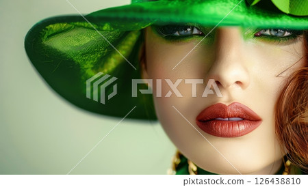 A model showcases a striking green leprechaun hat with gold buckles, accentuating an elaborate costume for a lively celebration Generative AI 126438810