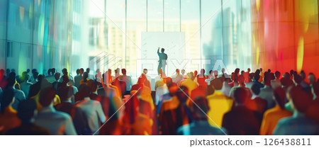 Many attendees are seated in chairs, listening attentively to a speaker presenting information on a large screen in a bright conference space Generative AI 126438811