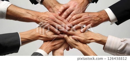 In a display of unity and collaboration, team members place their hands together, symbolizing teamwork during a strategic discussion Generative AI 126438812