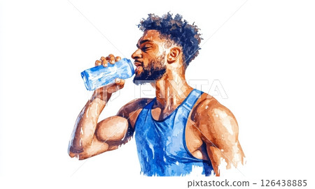 Active man with curly hair enjoys refreshing water after an intense workout, showcasing determination and vitality in a bright setting 126438885