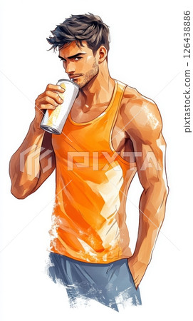 A muscular young man dressed in an orange tank top stands with confidence, sipping a refreshing drink 126438886