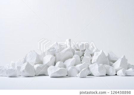 A collection of white angular rocks is arranged in a heap, showcasing their textured surfaces and sharp edges against a plain white backdrop 126438898