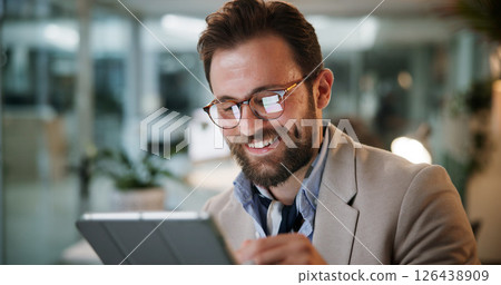 Office, businessman and glasses with tablet for reading, investment review and finance report at night. Late, male person and financial advisor with tech for risk management, budget growth and smile Office, businessman and glasses with tablet for reading, investment review and finance report at night. Late, male person and financial advisor with tech for risk management, budget growth and smile 126438909