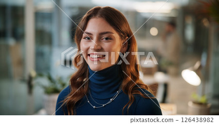 Happy, night and portrait of businesswoman in office with confidence for creative career. Smile, professional and face of female magazine editor from London with pride for journalism in workplace. Happy, night and portrait of businesswoman in office with confidence for creative career. Smile, professional and face of female magazine editor from London with pride for journalism in workplace. 126438982